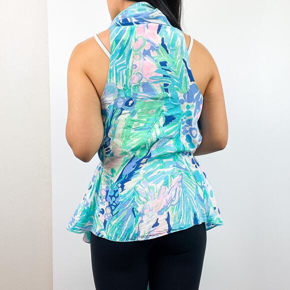 Lilly Pulitzer XXS/XS 100% Silk Wrap Draped Blouse Blue Sleeveless - Picture 7 of 11